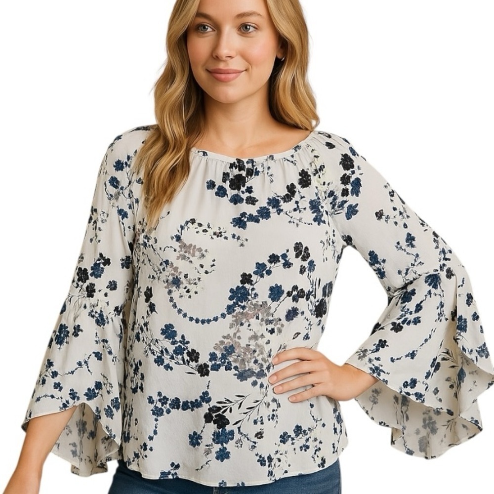 Fever Medium Boho Round Neck Silky Ruffle Bell Sleeve Floral Blouse Office Chic